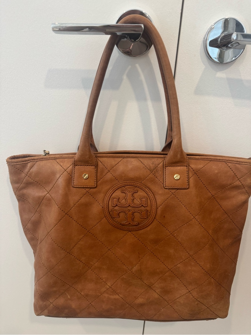 Tory Burch Jaden Quilted Leather Tote Cognac Brown Large Shoulder Bag
